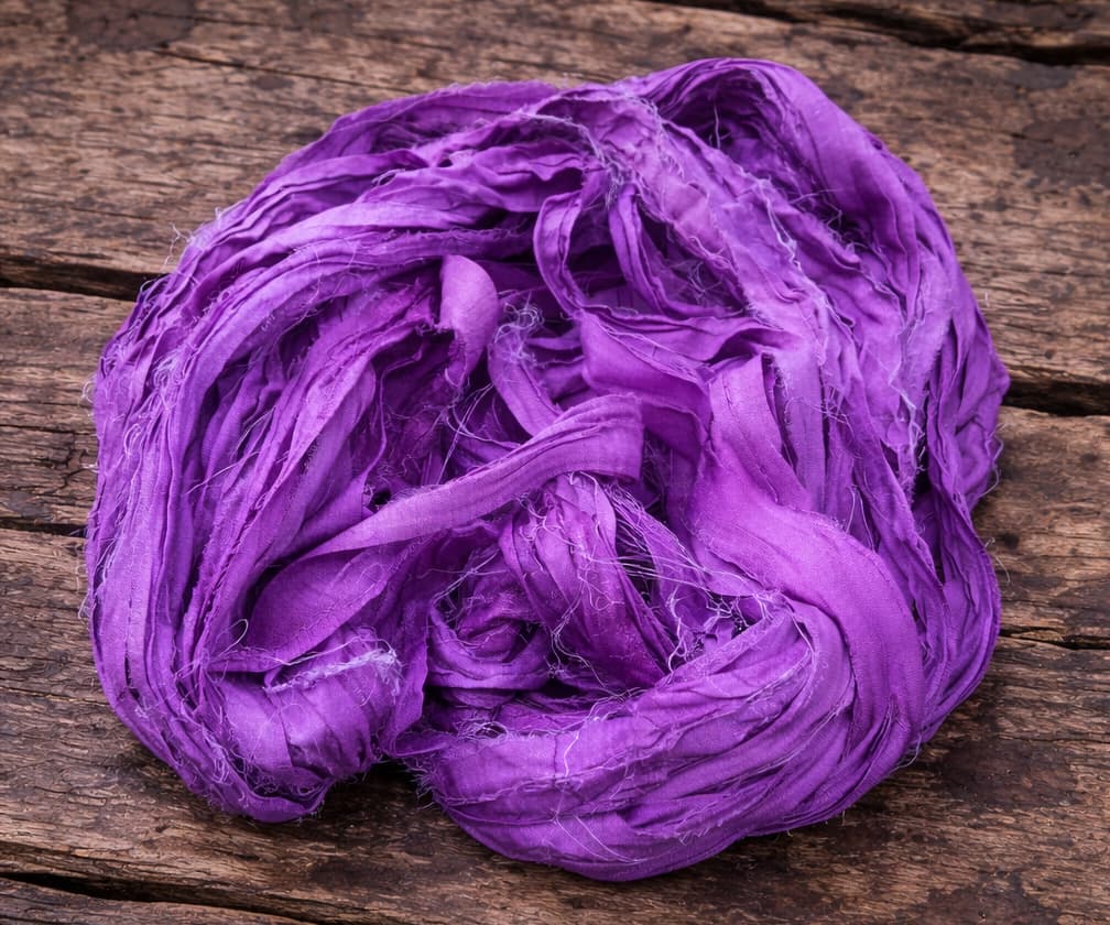 Close-up of violet sari silk ribbon showing texture and naturally frayed edges.