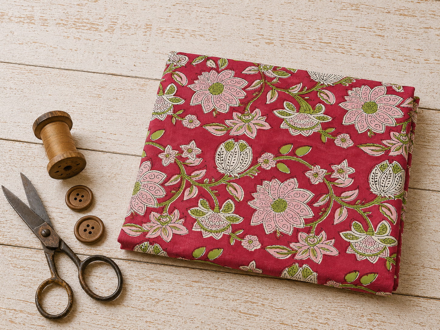 Raspberry Lotus Vine block printed cotton fabric folded on a wooden surface with vintage sewing scissors and wooden thread spool
