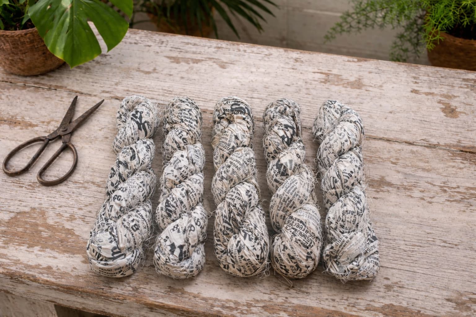 Newsprint recycled sari silk ribbon skein for weaving and textile art