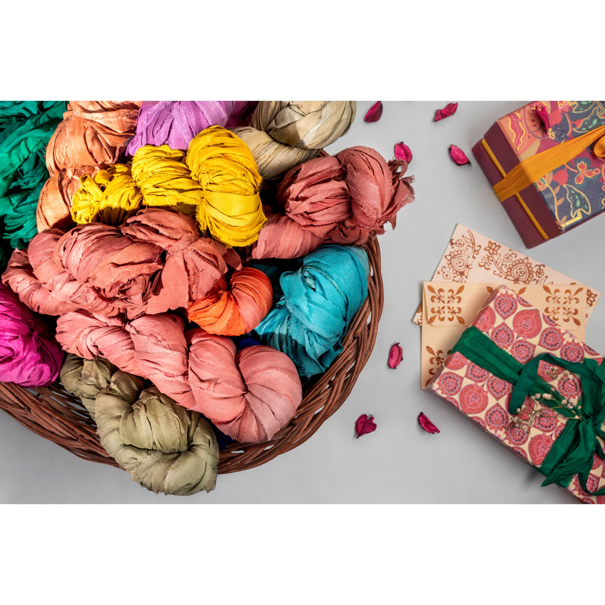 Ribbon Collection – sari silk ribbons in solid, multicolor, and embellished styles