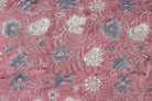 Close-up of Rosewood Meadow floral block print cotton fabric with hand printed wildflower motifs