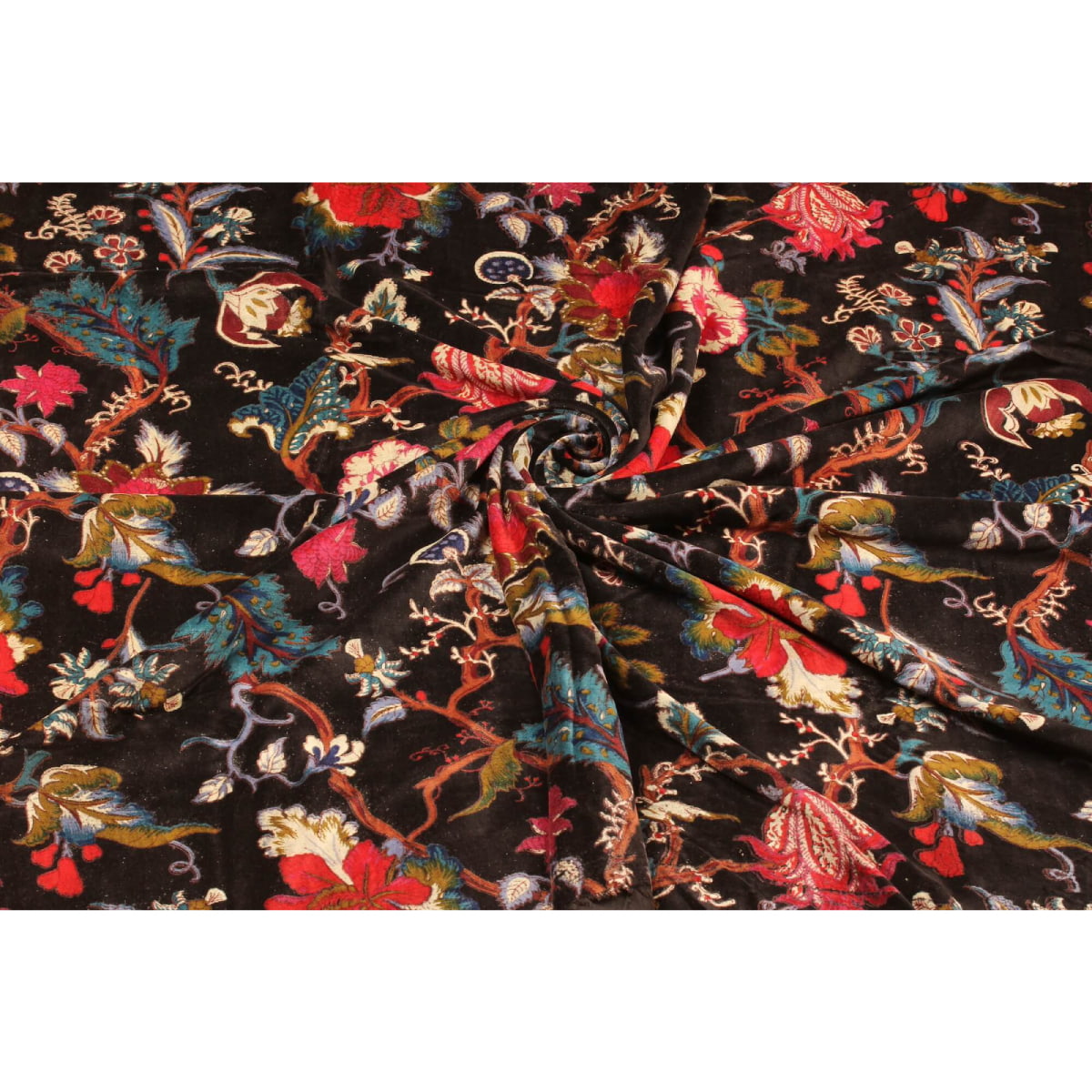 Folded cotton velvet showing soft texture and rich floral print – dark base with red blooms