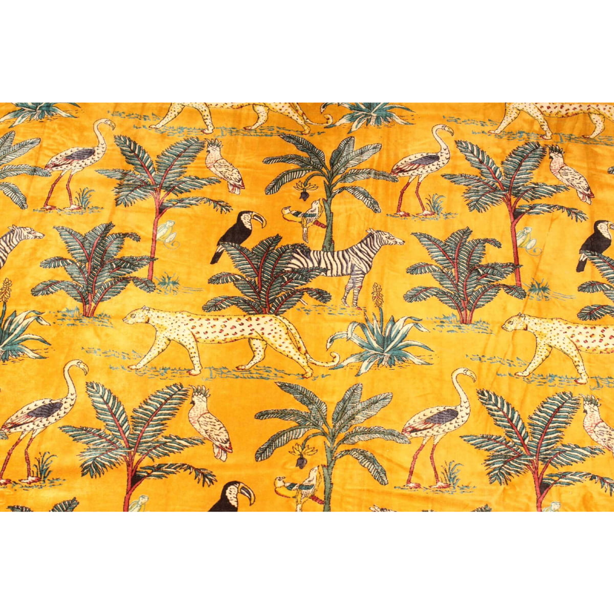 Mustard yellow hand-printed cotton velvet with cheetah, zebra, crane & birds – flatlay view