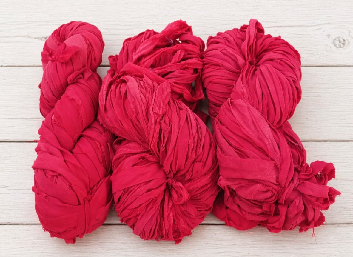 Ruby Fuchsia recycled sari silk ribbon yarn skeins in bright pink