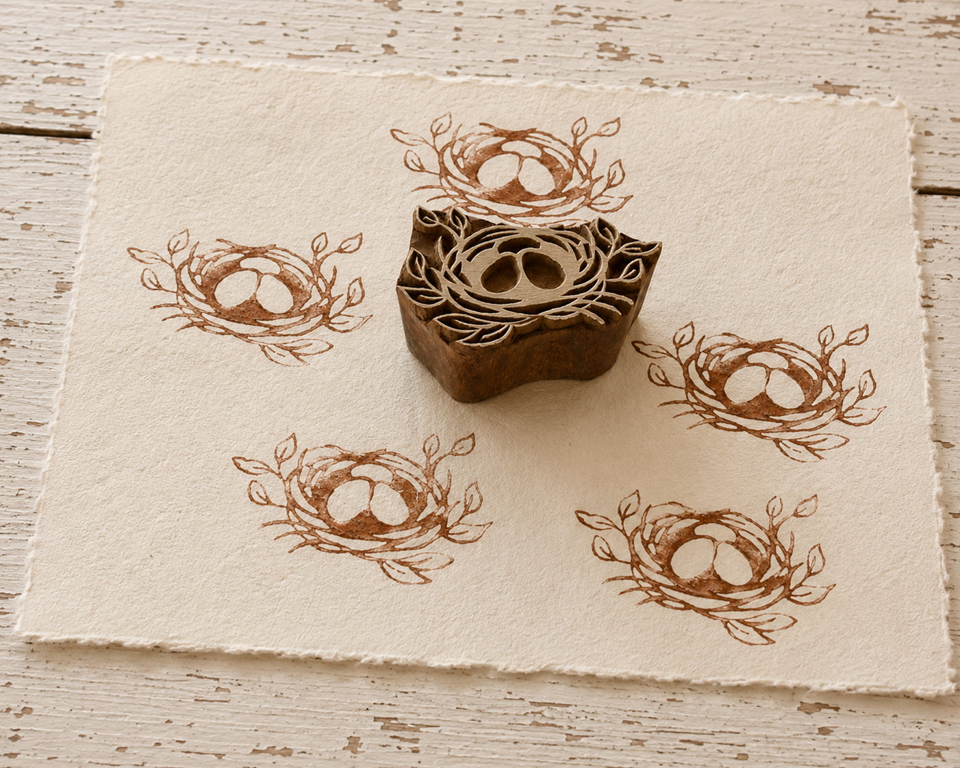 Rustic Bird Nest wooden printing block, hand carved in India with intertwined twigs for fabric and textile printing