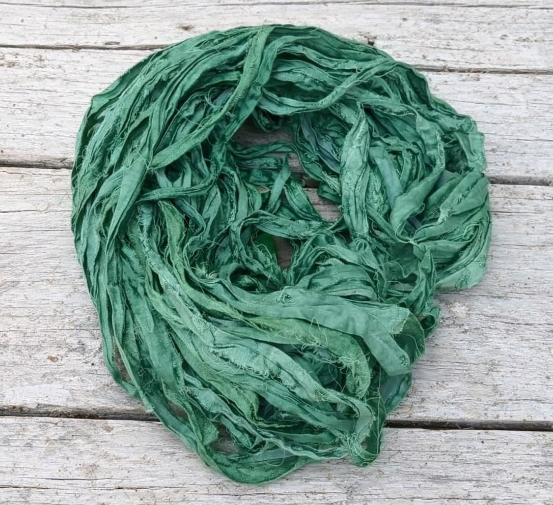 Eucalyptus green sari silk ribbon for weaving and textile art