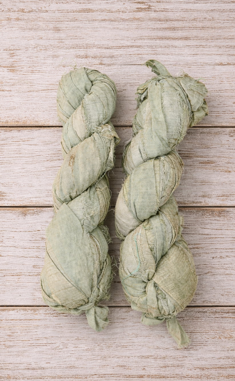 Two skeins of recycled sari silk ribbon in muted sage and misty green shades.