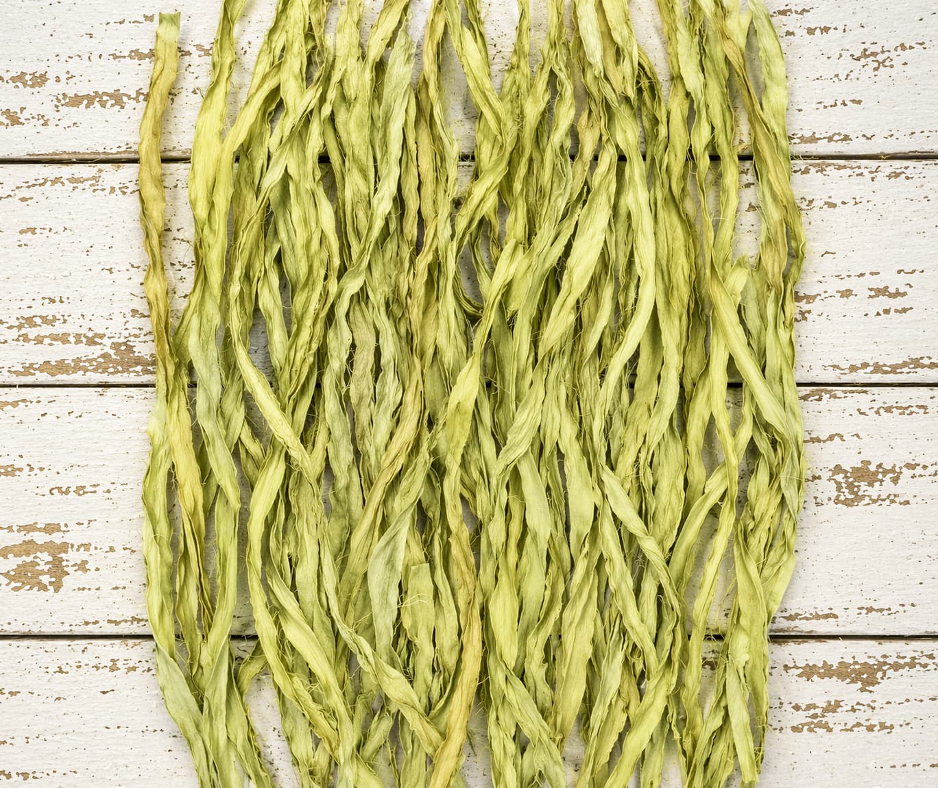 Close up texture of Spring Willow sari silk ribbon yarn
