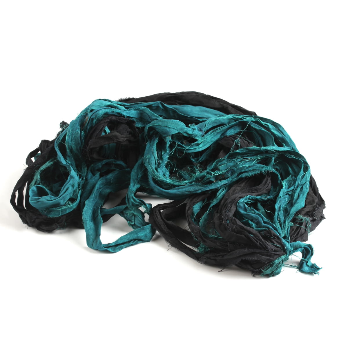 Open sari silk ribbon in black and teal green – showing soft texture and color variation