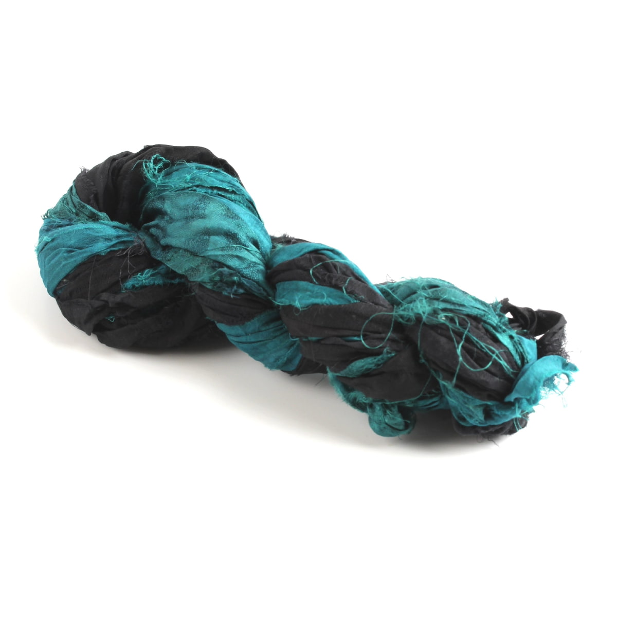 Black and teal green sari silk ribbon skein – handmade recycled silk ribbon for crafts