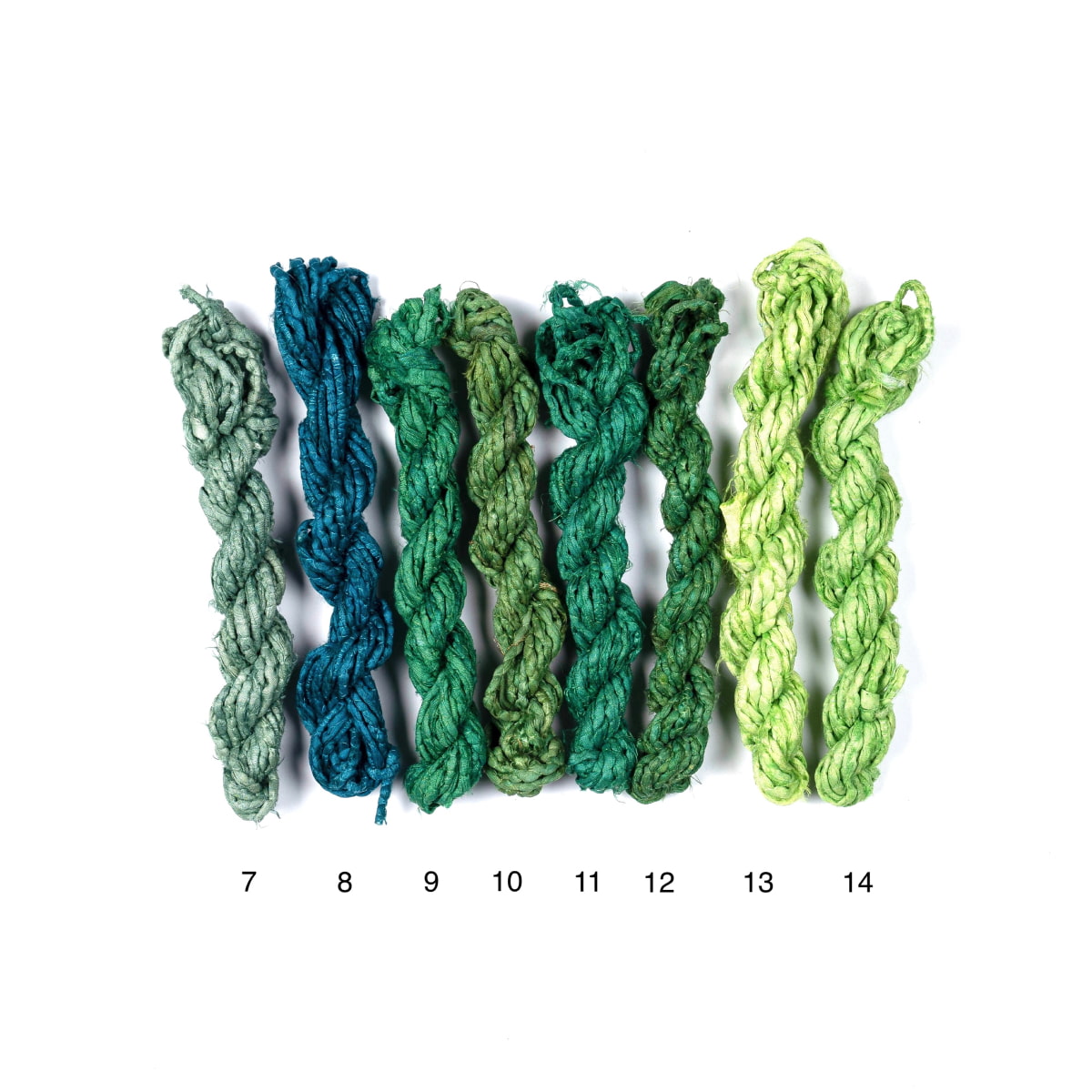 Sari silk ribbon cords in lime, sage, teal, pea and blonde yellow-green tones