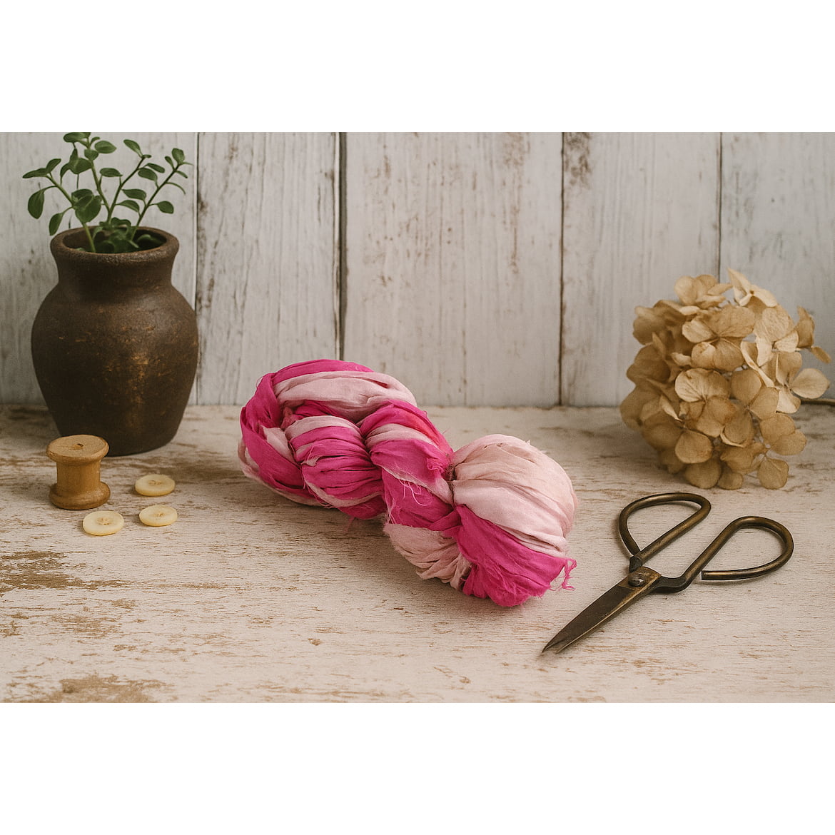 Flat lay of dark and pastel pink sari silk ribbon with styled props, eco-friendly handmade ribbon.