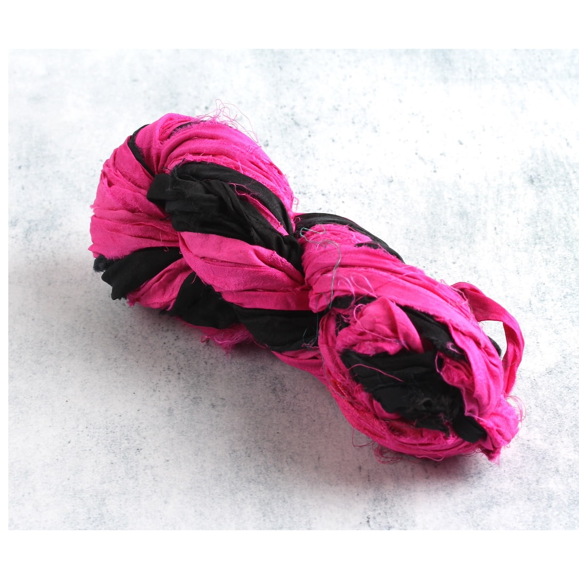 Pop pink and black sari silk ribbon skein – recycled silk, 50g handmade yarn for crafts