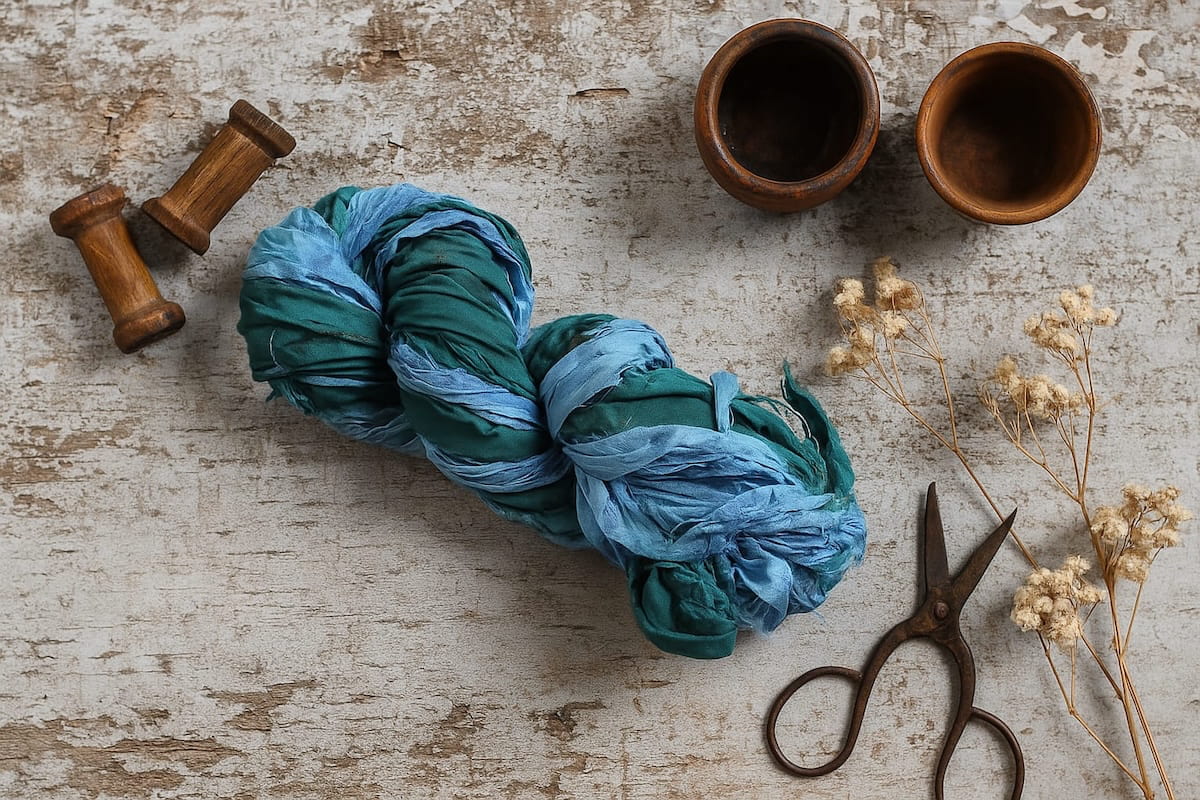 Flat lay of sky blue and teal sari silk ribbon with styled props, showing handmade character and sustainable craft appeal.