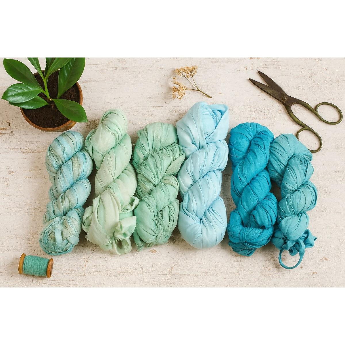 Assorted turquoise and aqua sari silk ribbon shades on a styled flatly