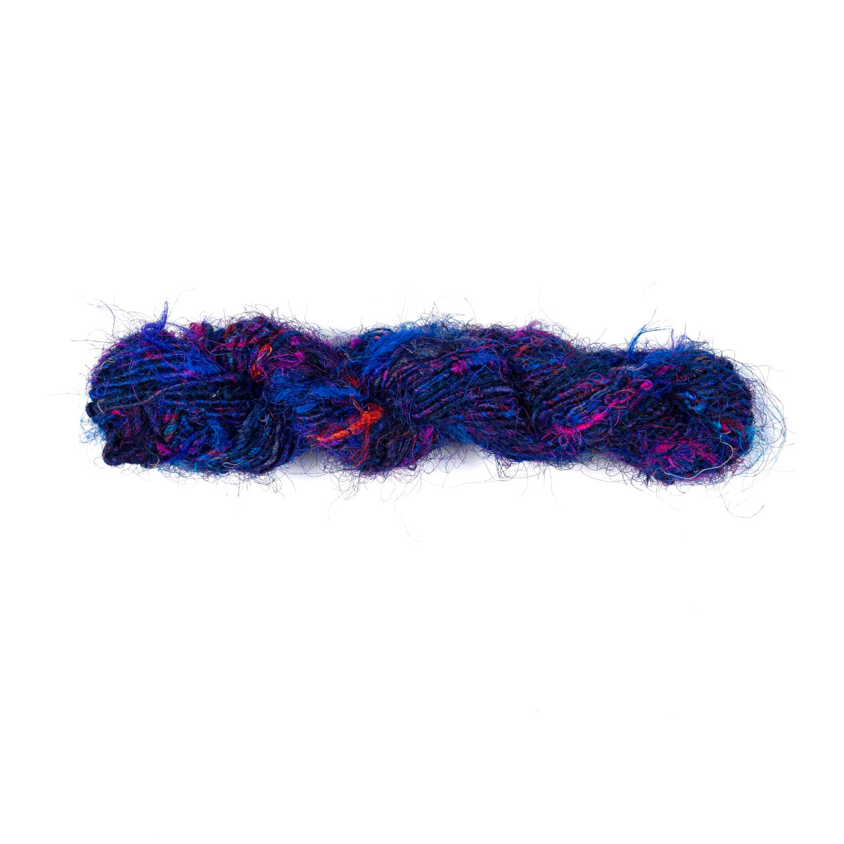 Dark and light blue Sari Silk Yarn with red accents – hand-spun recycled silk.