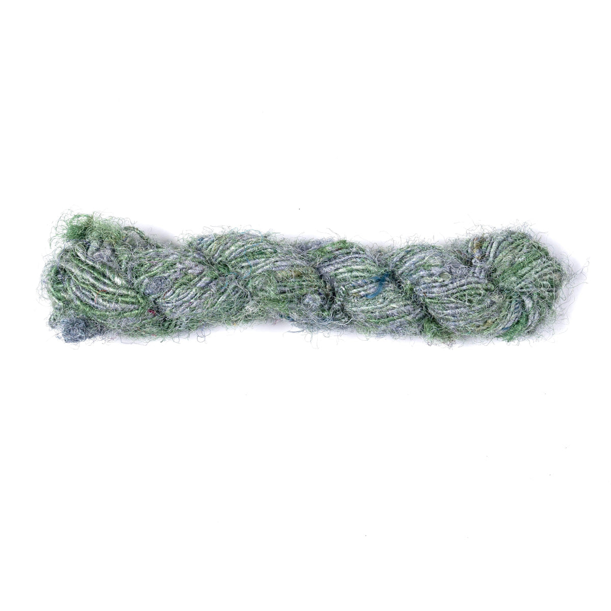 Green and light gray Sari Silk Yarn – hand-spun recycled silk with soft texture.