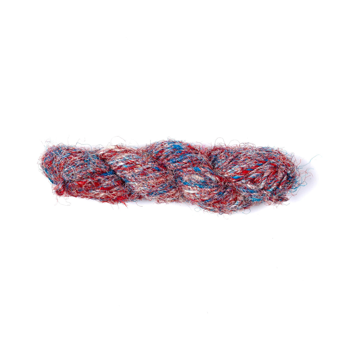 Red, white & blue Sari Silk Yarn – vibrant hand-spun recycled silk skein.