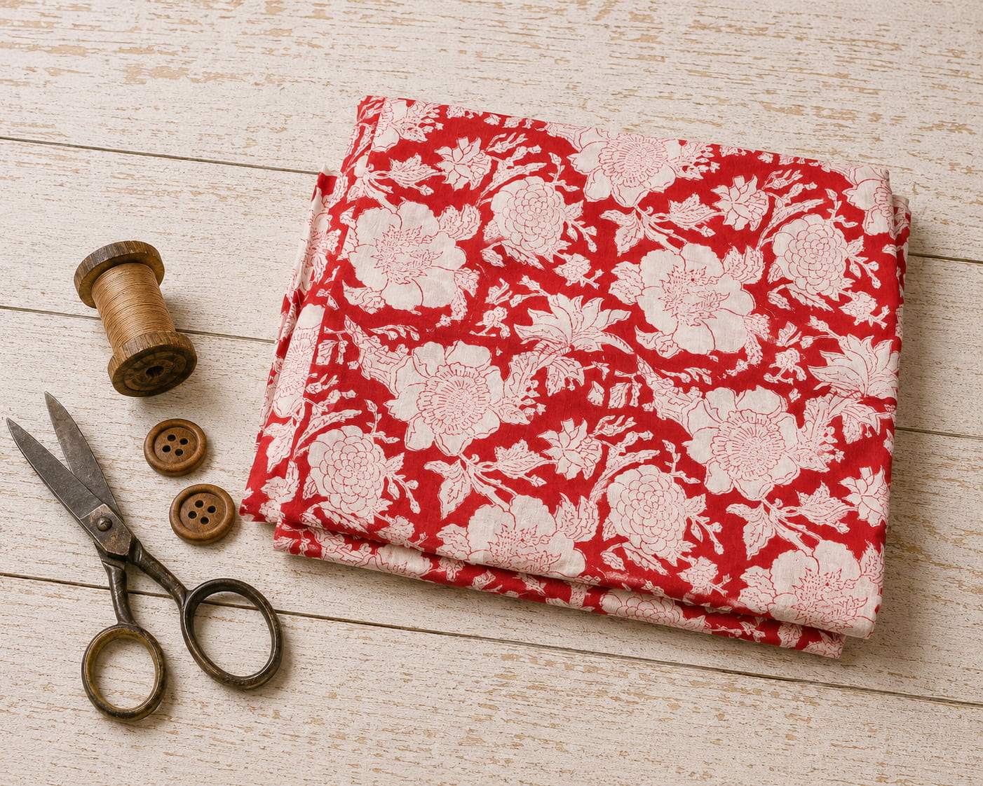 Folded scarlet red hand block printed cotton fabric with ivory floral blossom pattern