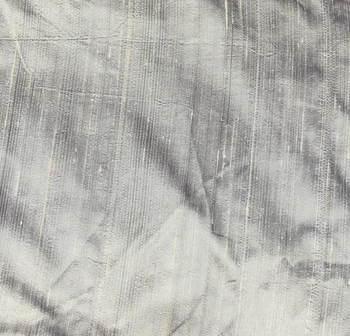 Close-up of Silver Pewter dupion silk fabric showing metallic silver colour, natural raw silk texture, and characteristic slubs