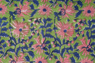 Close-up detail of pink floral blooms and indigo leaves on block printed cotton fabric