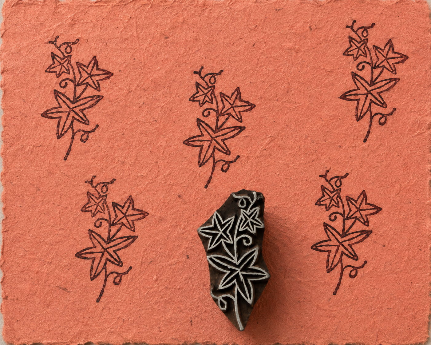 Star Leaf Vine wooden printing block, hand carved in India with curling botanical lines for fabric and textile printing