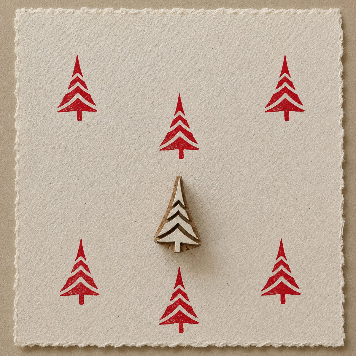 Stylised Christmas tree wooden printing block from India, hand carved for festive fabric and textile printing