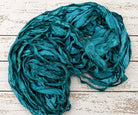 Peacock Lagoon recycled sari silk ribbon yarn in rich peacock blue and teal shades