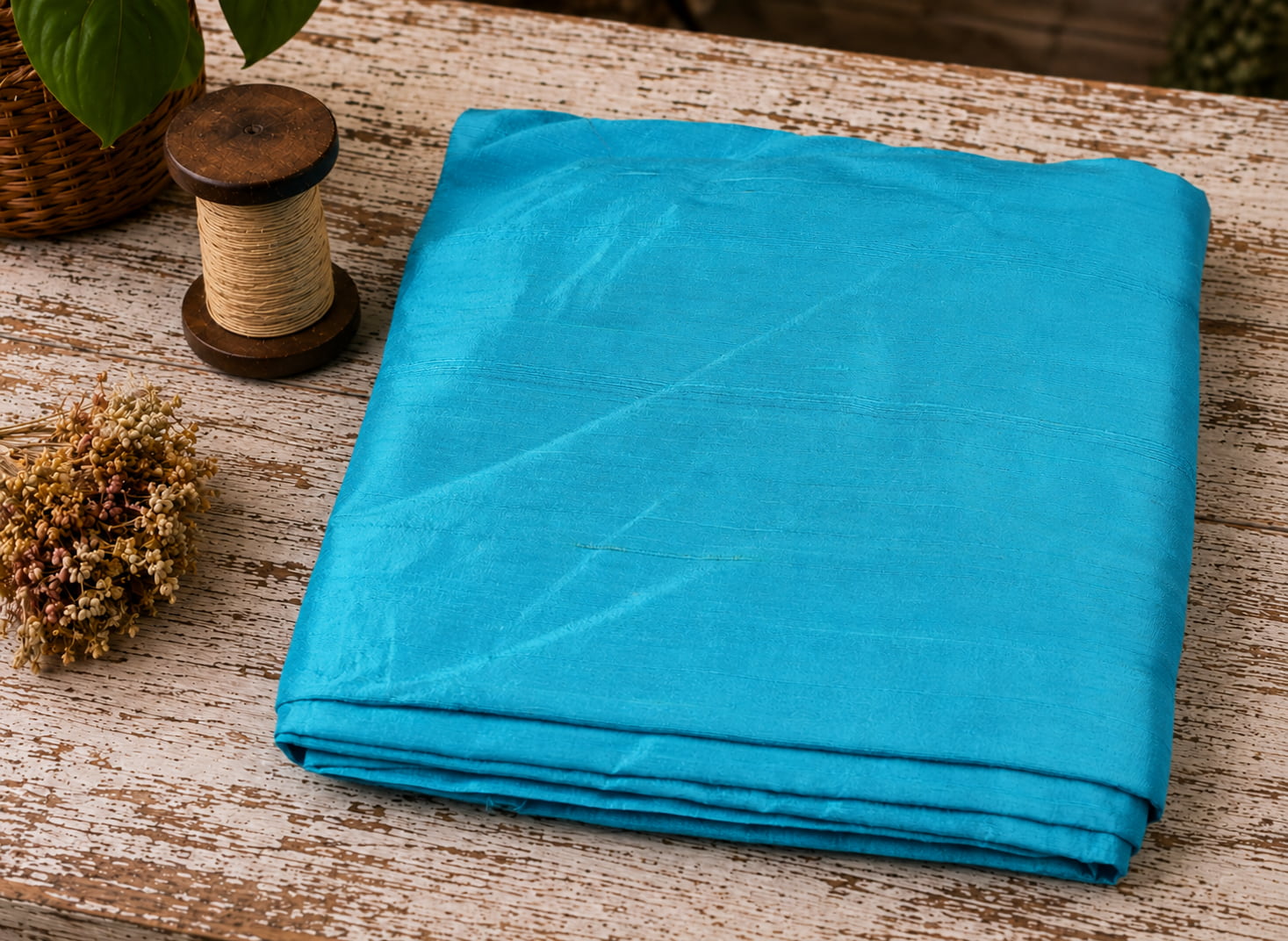 Turquoise Dupion Silk Fabric folded to showcase its vibrant turquoise colour, natural silk texture, and elegant sheen