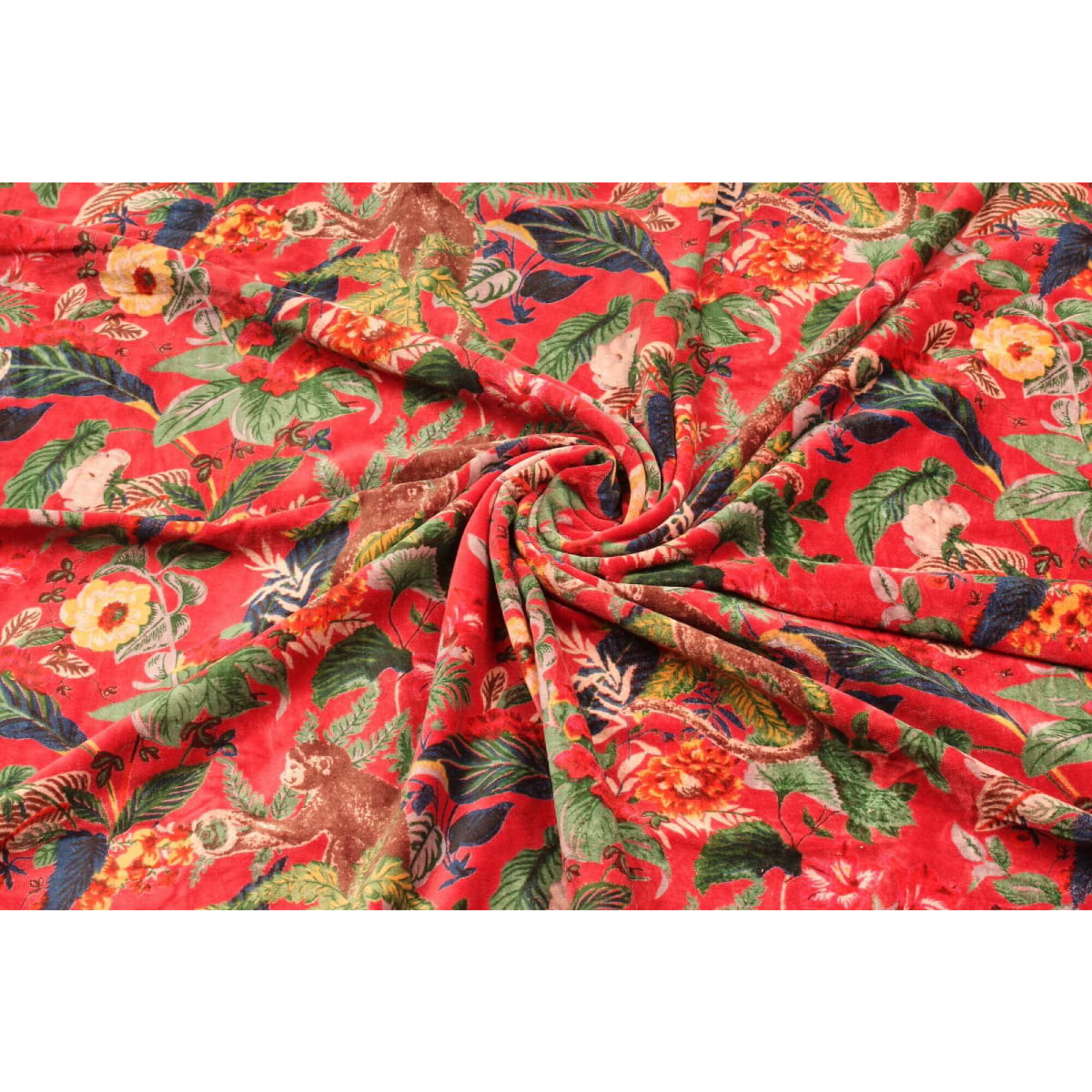 olded hand-printed cotton velvet fabric in deep red with floral design – soft sheen and elegant drape