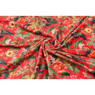 olded hand-printed cotton velvet fabric in deep red with floral design – soft sheen and elegant drape
