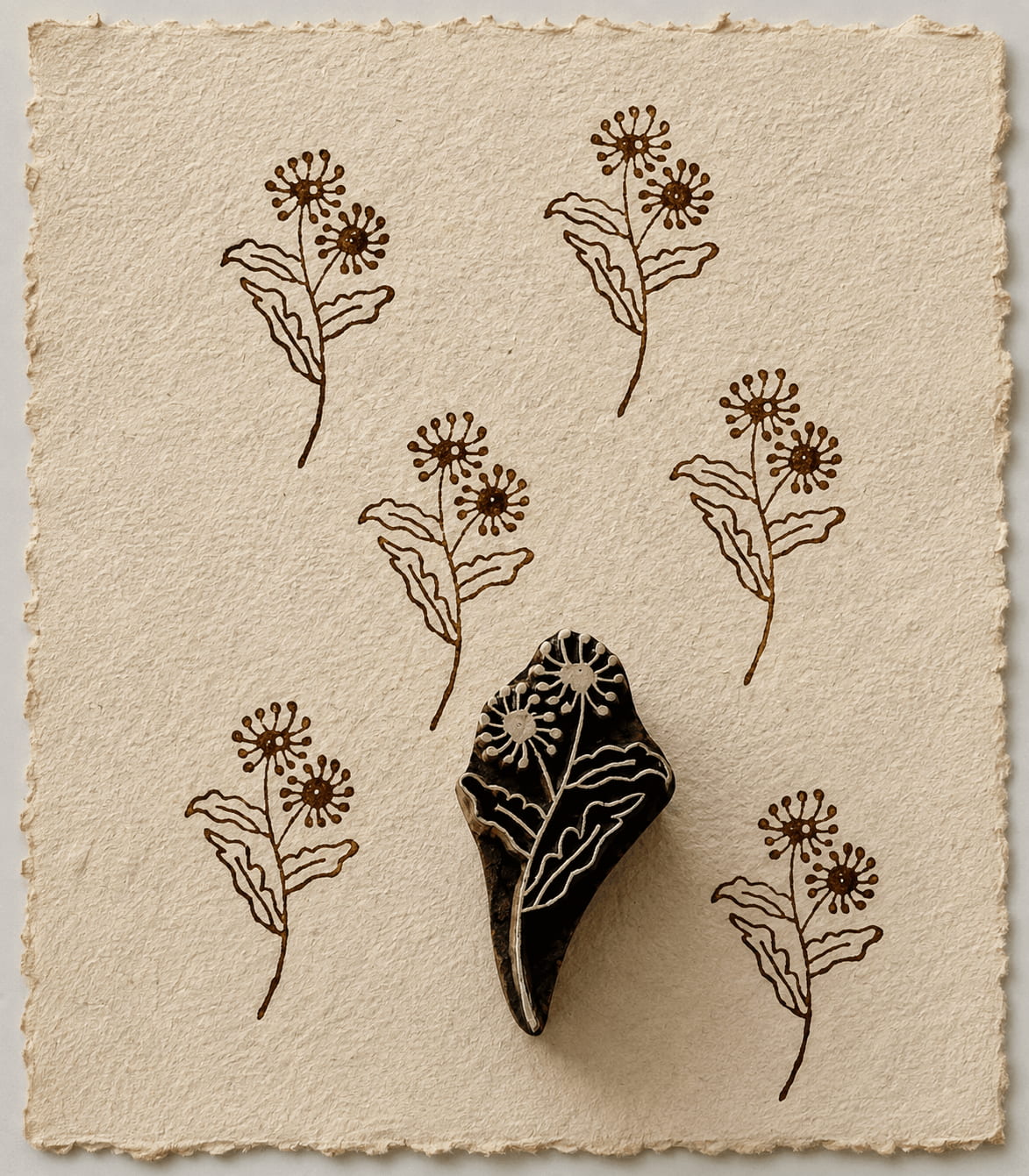 Wild Dandelion Sprig wooden printing block, hand carved in India with botanical detail for fabric and textile printing