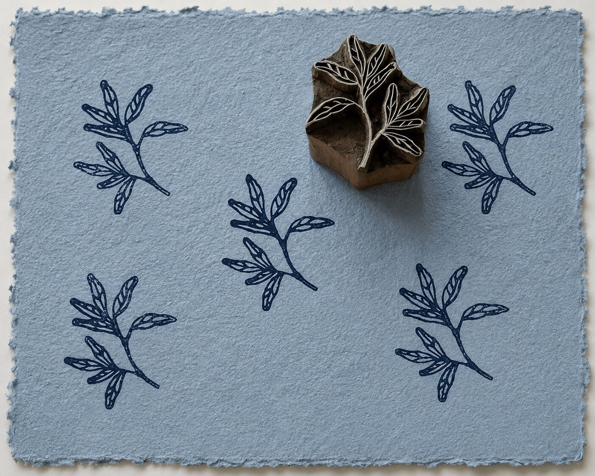Wild Leaf Sprig wooden printing block, hand carved in India with fine botanical detail for fabric and textile printing