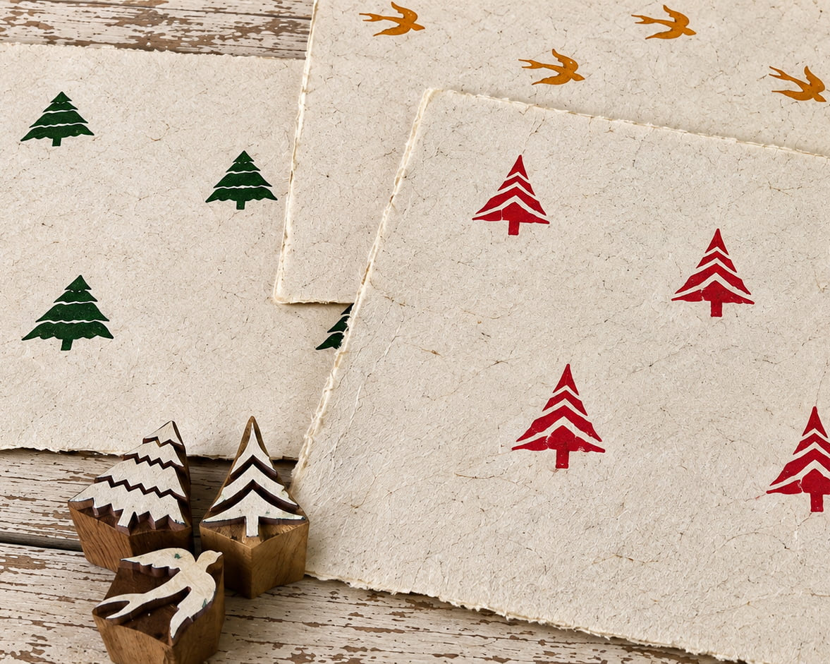 Winter Woodland Set of three wooden printing blocks from India with two Christmas trees and a flying swallow for fabric